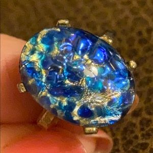 Vintage 80s Art Glass retro statement Ring adjustable blue